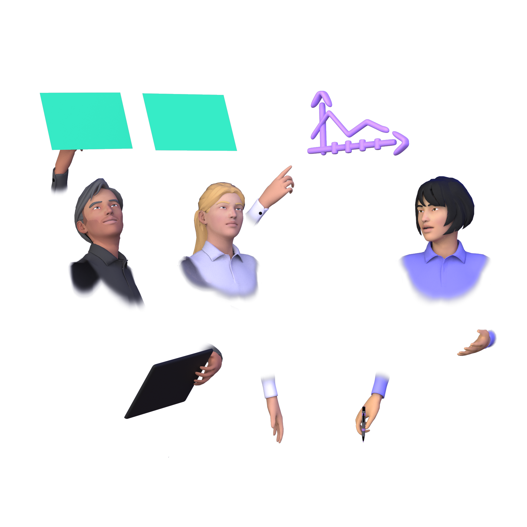 3 avatars collaborating in MeetinVR with graphs and notes
